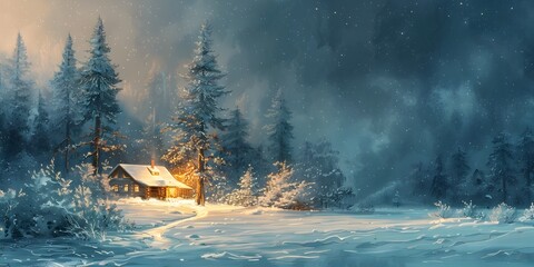 Cozy Snow Covered Cottage in Enchanting Winter Wonderland Landscape with Glowing Warm Lights and Serene Snowy Pine Trees at Twilight - obrazy, fototapety, plakaty