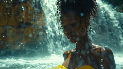 Beautiful African American woman under waterfalls  - obrazy, fototapety, plakaty