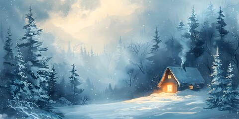 Cozy Cottage Glowing in a Wintry Wonderland Landscape with Snow Covered Trees and Misty Atmosphere