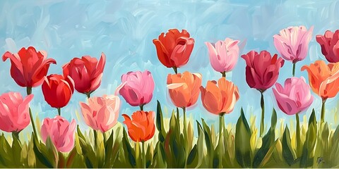 Vibrant Spring Field of Blooming Tulips Under Clear Blue Sky Symbolizing Renewal and Growth