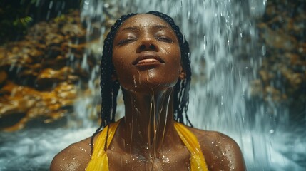 Beautiful African American woman under waterfalls of Dunn s River Falls,