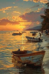 beautiful jamaica seaside landscape with fishermen and several shipping boats with children playing at early morning sunrise  - obrazy, fototapety, plakaty