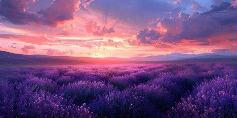 Lavender Field Sunset Landscape with Warm and Cool Tones Blending into the Night Sky - obrazy, fototapety, plakaty