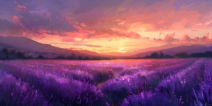 Tranquil Lavender Field at Sunset with Warm and Cool Tones