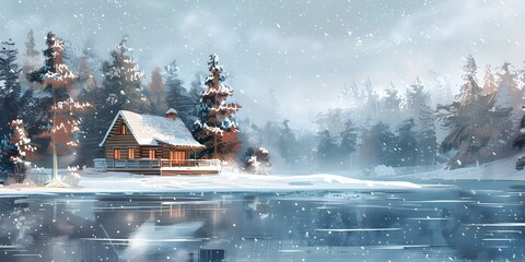 Serene Winter Cabin by Frozen Lake Surrounded by Snow Dusted Pine Trees Embodying the Tranquility of the Season