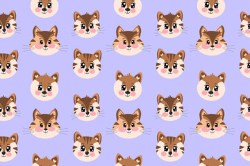 Seamless pattern with kawaii cute little face, head of tiger, fox and chipmunk face for children isolated on purple background. Vector illustration for baby nursery, kids textile