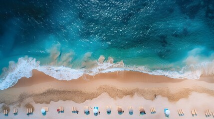 Half sand, half deep blue ocean, There are umbrellas and lounge chairs on the beach View. For Design, Background, Cover, Poster, Banner, PPT, KV design, Wallpaper, travel, vacation, island