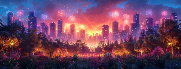 Holiday event with music festival in city park at night. Dark urban public garden landscape with fireworks over stage for concert. Cartoon vector illustration of scene for outdoor entertainment