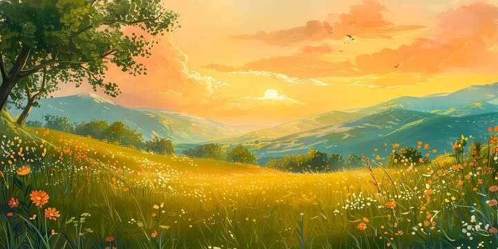 Vibrant Summer Solstice Landscape with Majestic Mountains Lush Meadow and Radiant Sunset