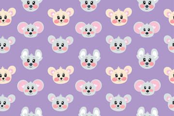 Seamless pattern with different kawaii mouses heads for kids, print, textile, nursery on purple background