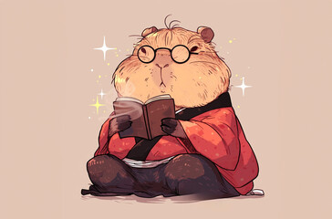 Happy capybara reading books, hand drawn illustration - 783807813