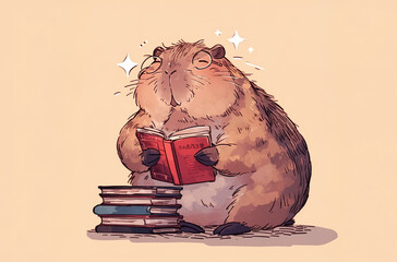 Happy capybara reading books, hand drawn illustration - 783807826