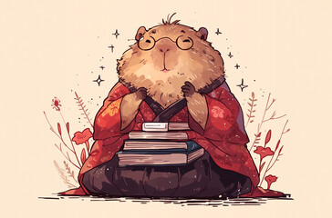 Happy capybara reading books, hand drawn illustration - 783807832