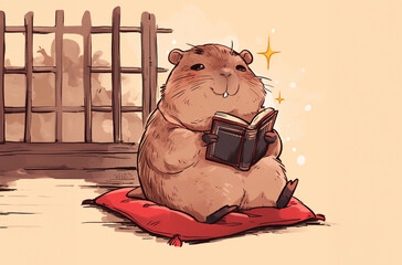 Happy capybara reading books, hand drawn illustration - 783807839