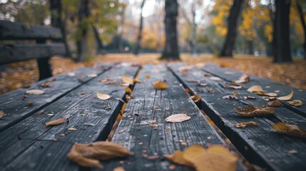 Fototapeta premium Wooden picnic table in the park, the surface of which is decorated with freshly fallen leaves