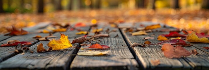 Wooden table with yellow leaves