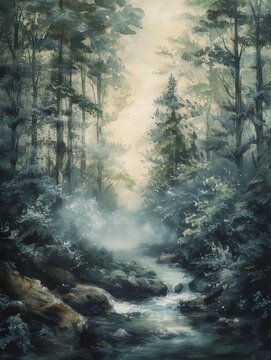 Foggy Forest Painting Scene