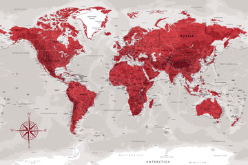 World Map - Highly Detailed Vector Map of the World. Ideally for the Print Posters. Ruby Red Colors. With Relief and Depth
