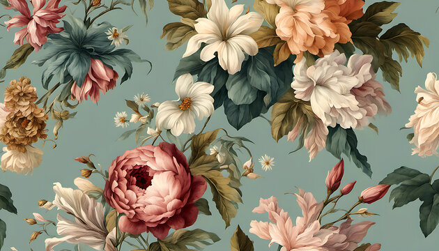 Fototapeta Beautiful fantasy vintage wallpaper botanical flower bunch,vintage motif for floral print digital background