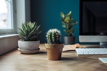 Office desk adorned with succulent cactus, tranquil workspace ambiance