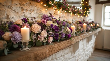   A collection of flowers aligns the mantel Candles precede a stone wall, accompanied by background lights - obrazy, fototapety, plakaty