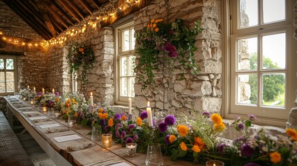 Fototapeta na wymiar A lengthy table adorned with flowers and candles lies before a stone wall Ceiling lights and windows frame the scene, their glass panes strung with delicate hanging lights
