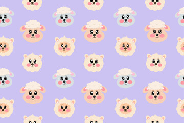Seamless pattern with cute kawaii alpaca, lamb, ewe, sheep face, head for nursery, print or textile for kids on purple background. Vector illustration for baby, children	