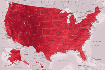 United States - Highly Detailed Vector Map of the USA. Ideally for the Print Posters. Ruby Red Colors. Relief Topographic - obrazy, fototapety, plakaty