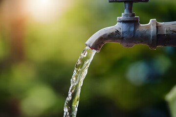 Photo Water pours from tap with nature backdrop, harmony of elements