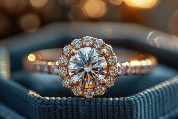 A close-up shot of a dazzling diamond engagement ring resting on a velvet ring box, sparkling in the soft light