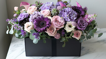   A black box holds a bouquet of purple and pink flowers atop a white marble table