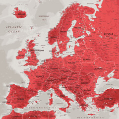 Europe - Highly Detailed Vector Map of the Europe. Ideally for the Print Posters. Ruby Red Colors. Relief Topographic and Depth