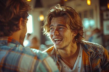 A young man with a joyful expression facing another person, bathed in warm, cozy lighting, suggesting laughter or storytelling