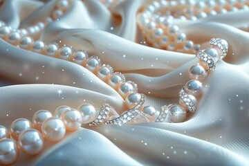 A composition featuring diamonds and pearls intermingled on a white silk background, juxtaposing the timeless elegance of both precious gemstones