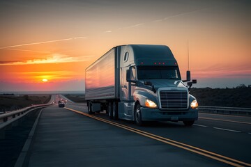 Semi truck traverses highway at dusk, a journey into the horizon