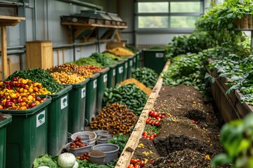 A composting facility with rows of compost bins and piles of organic waste being turned into nutrient-rich soil, demonstrating the circular process of returning organic matter back to the earth - obrazy, fototapety, plakaty