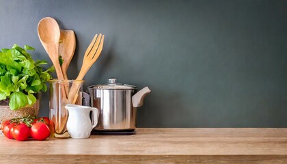 Kitchen table top with utensils and copy space on the wall
