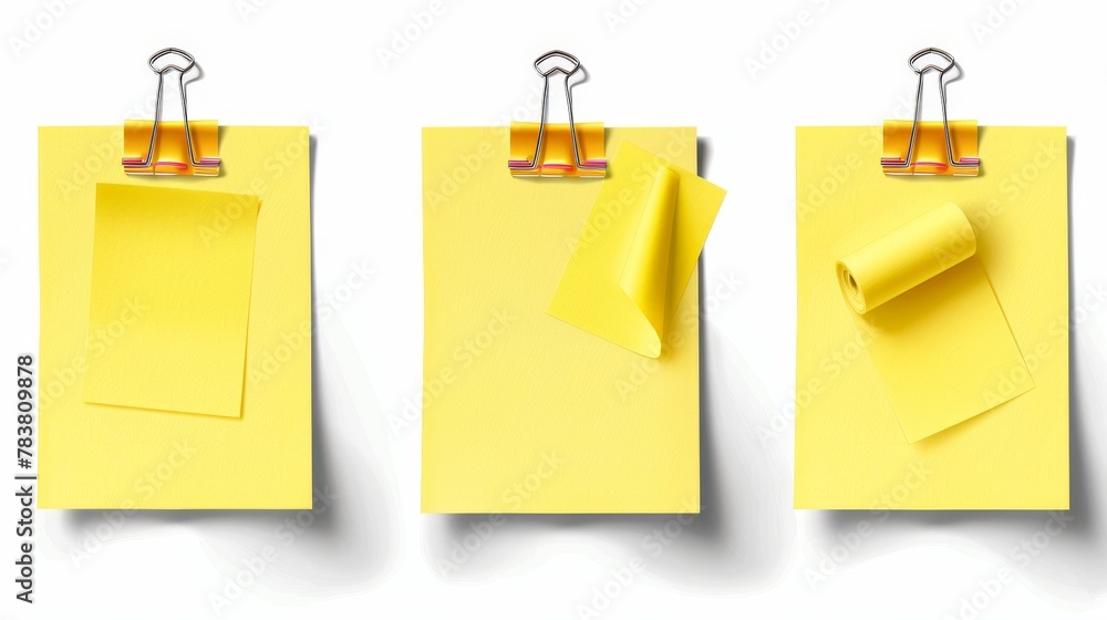 Poster yellow sticky writing stationery filled with sticky notes attached with adhesive tape and paperclip.