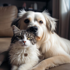 cute dog and a cat hugging