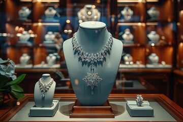 A display case in a high-end jewelry store is filled with exquisite diamond necklaces, bracelets, and rings, sparkling under the bright lights and tempting shoppers with their beauty