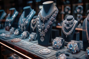 A display case in a high-end jewelry store is filled with exquisite diamond necklaces, bracelets, and rings, sparkling under the bright lights and tempting shoppers with their beauty - obrazy, fototapety, plakaty