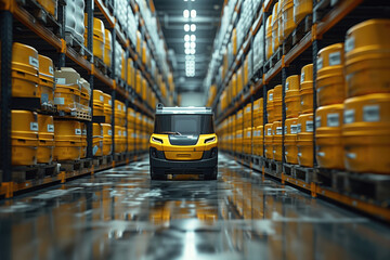 A fleet of autonomous forklifts navigating seamlessly through a warehouse, using AI-powered sensors and cameras to safely maneuver around obstacles and retrieve goods from shelves - obrazy, fototapety, plakaty