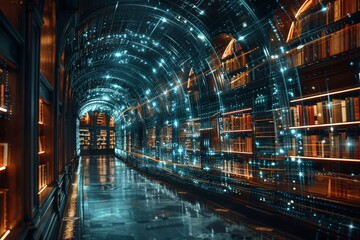 A captivating image of a grand library corridor bathed in a digital neon blue light with a sci-fi vibe