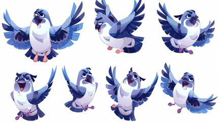 Animated cartoon character of a smiling pigeon with different poses. Modern illustration set of funny wild dove standing, sitting, and lying on the back. Bird mascot with blue wings. - obrazy, fototapety, plakaty