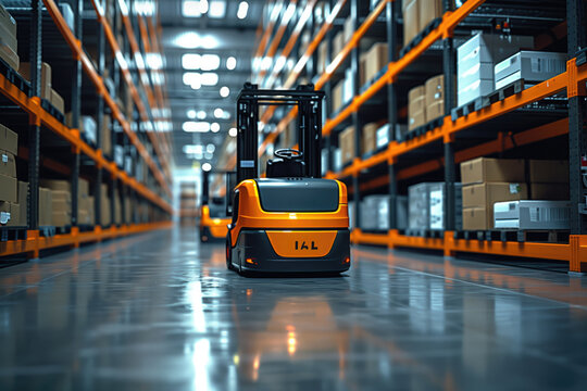 A fleet of autonomous forklifts navigating seamlessly through a warehouse, using AI-powered sensors and cameras to safely maneuver around obstacles and retrieve goods from shelves