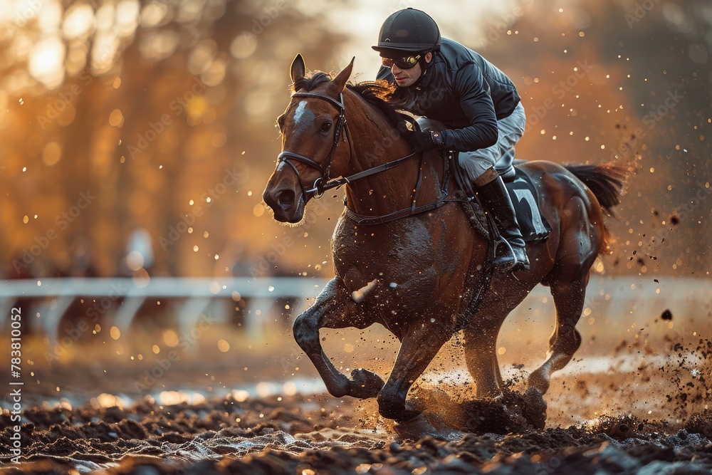 Poster dynamic image displaying a jockey in mid-action riding a thoroughbred during a race with dirt flying