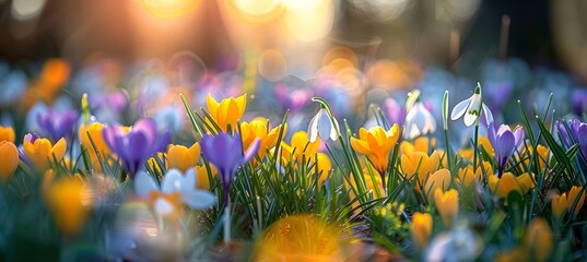 Obraz na płótnie Canvas Colorful crocuses and snowdrops blooming in the garden, with a blurred background. Spring flowers. Beautiful nature scene with space for text or design. Close up of spring flowers on a sunny day. 