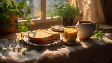 On the table, there is a cup of coffee, an artistic tablecloth, fresh plants, and sandwich bread.