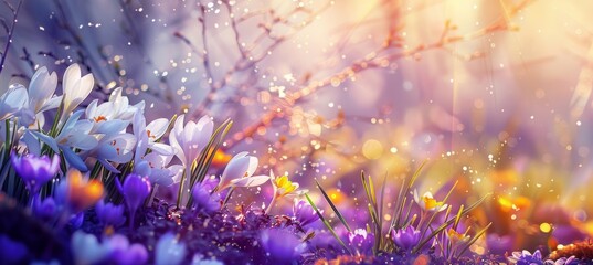 Colorful crocuses and snowdrops blooming in the garden, with a blurred background. Spring flowers....