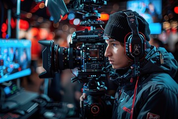 A camera operator maneuvers a steady cam rig through the studio, capturing dynamic shots and angles to add visual interest to the interview